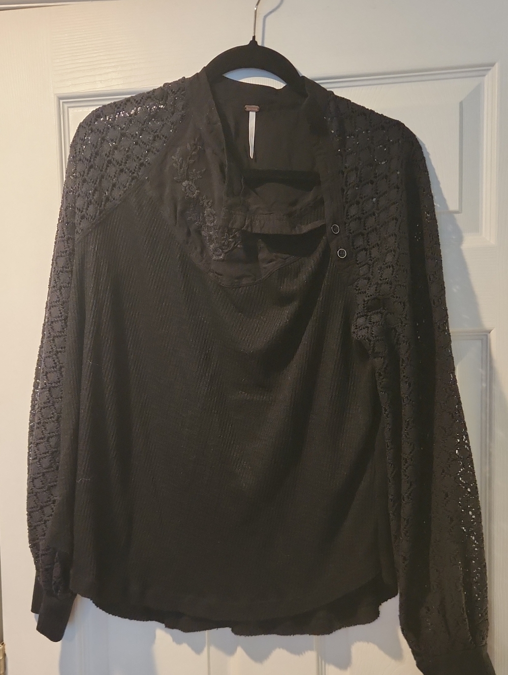 Free People Black Long Sleeve Lace-Panel Blouse